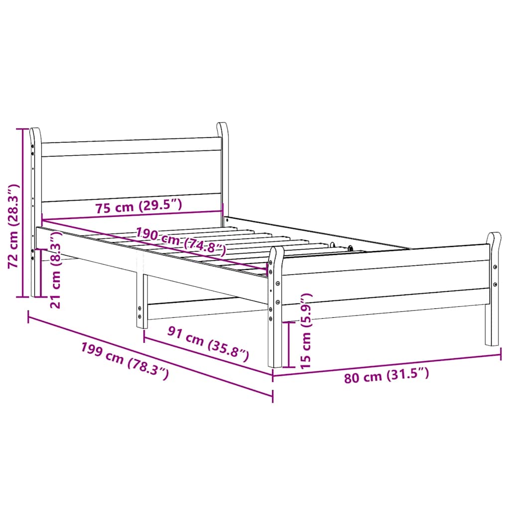 sengeramme uden madras 75x190 cm massivt fyrretræ gyldenbrun