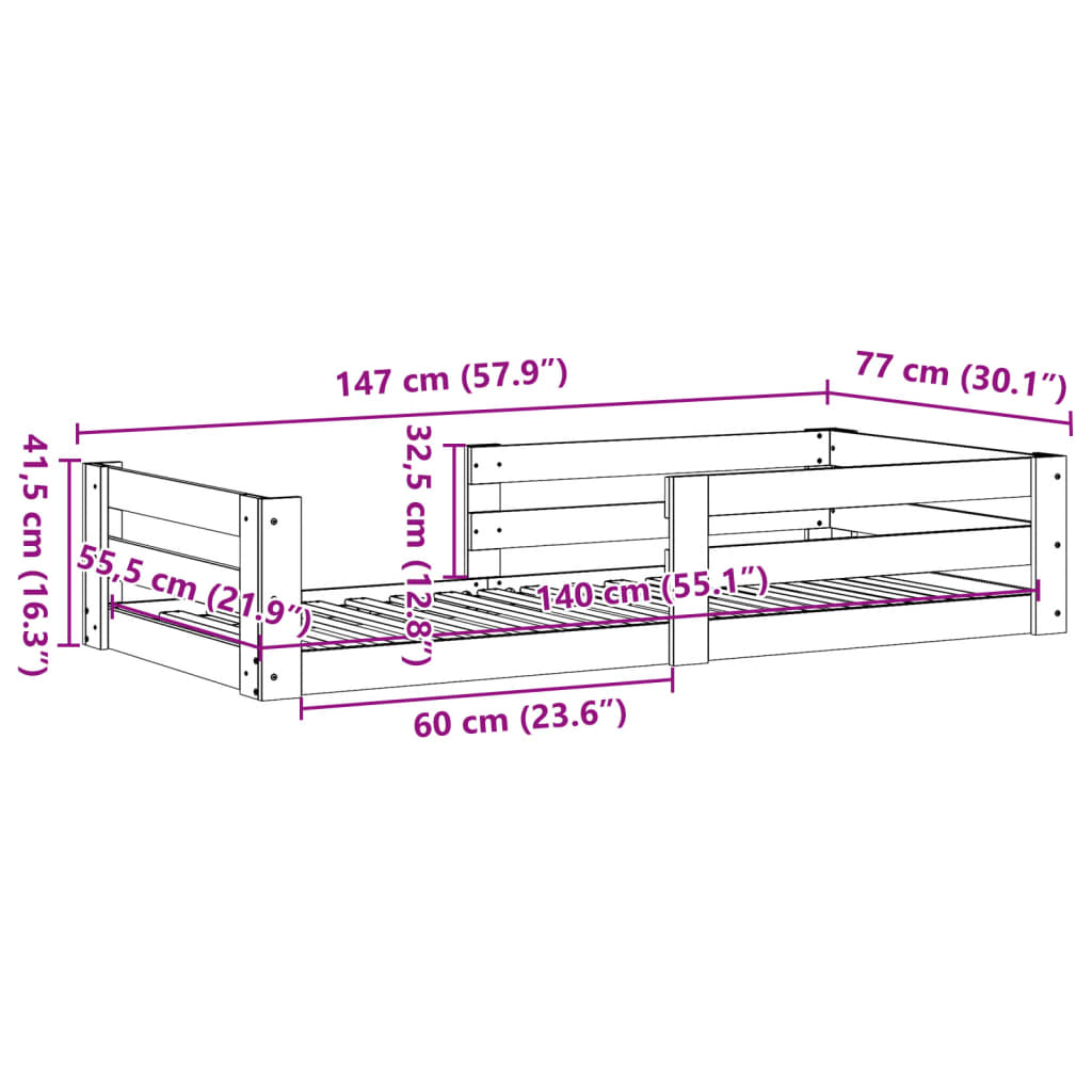 sengeramme uden madras 70x140 cm massivt fyrretræ hvid