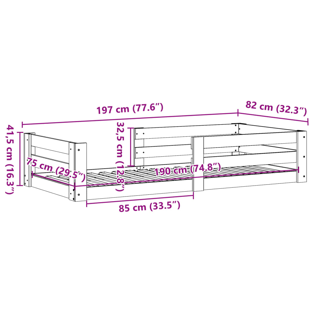sengeramme uden madras 75x190 cm massivt fyrretræ