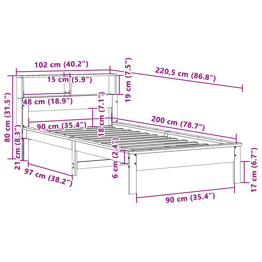 seng med reol uden madras 90x200 cm massivt fyrretræ