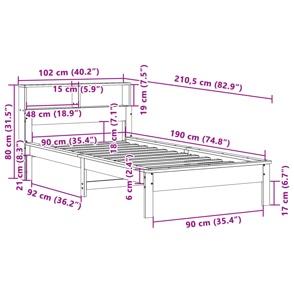 seng med reol uden madras 90x190 cm massivt fyrretræ hvid