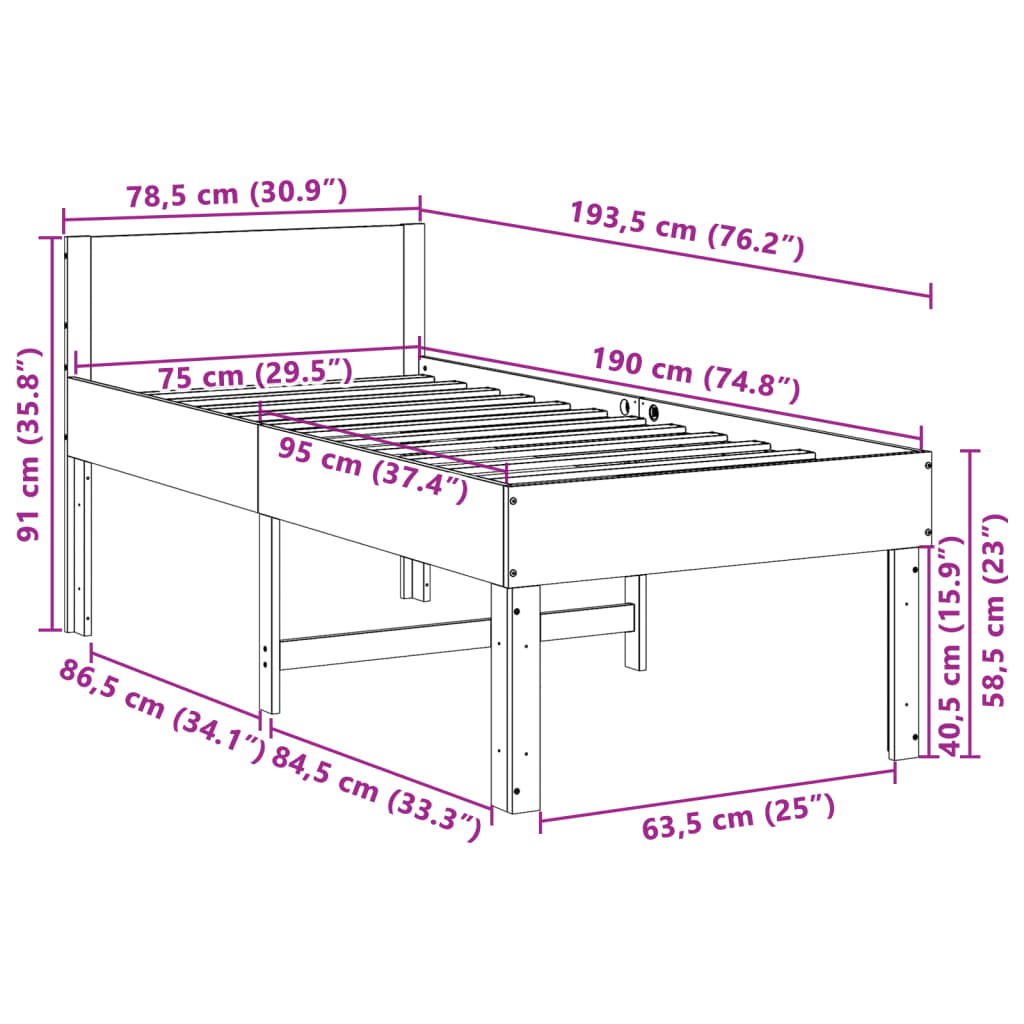 sengeramme uden madras 75x190 cm massivt fyrretræ hvid