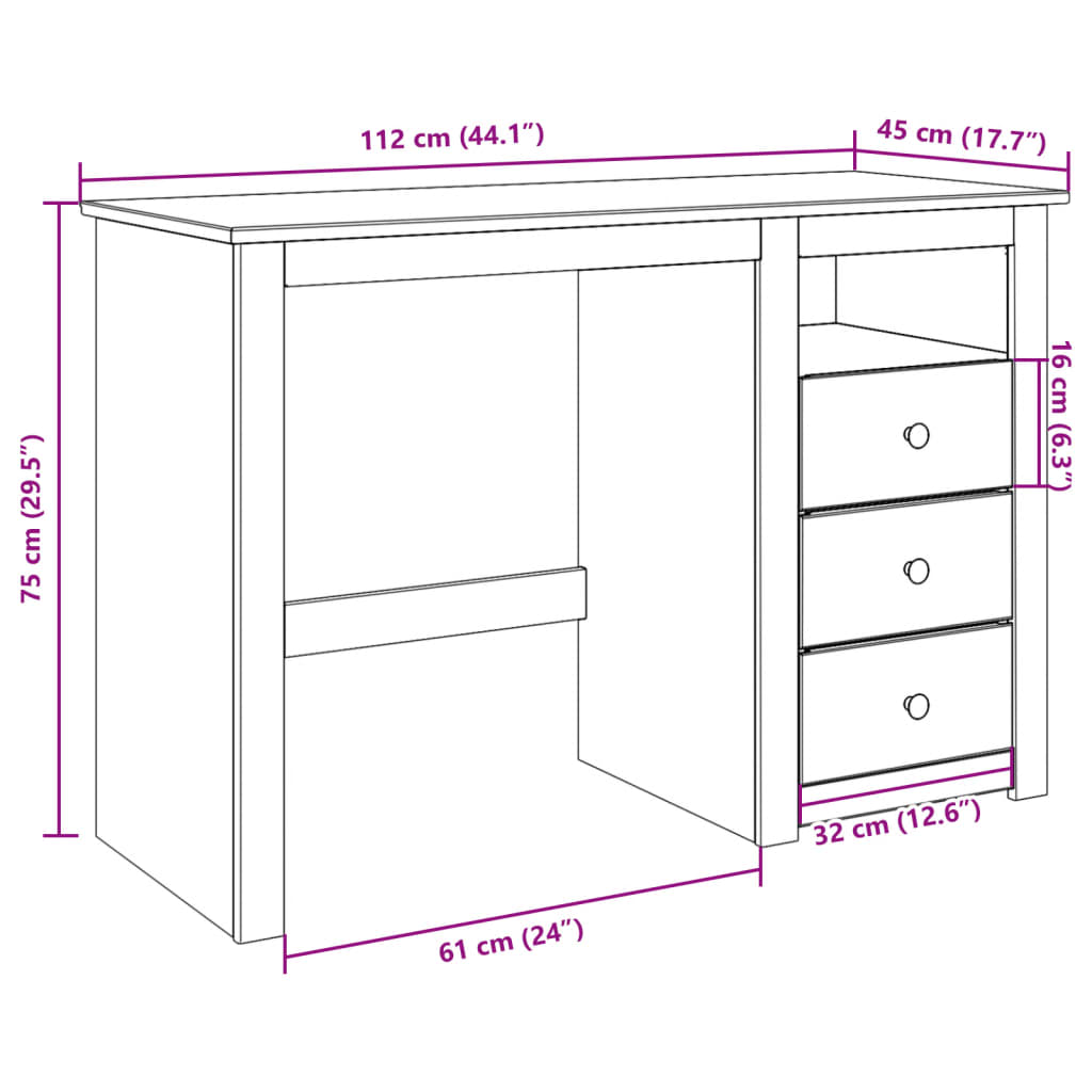 skrivebord PANAMA 112x45x75 cm massivt fyrretræ