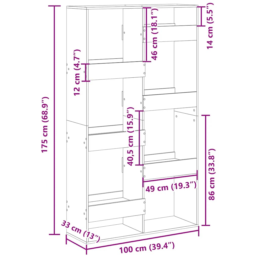 bogreol 100x33x175 cm konstrueret træ sort