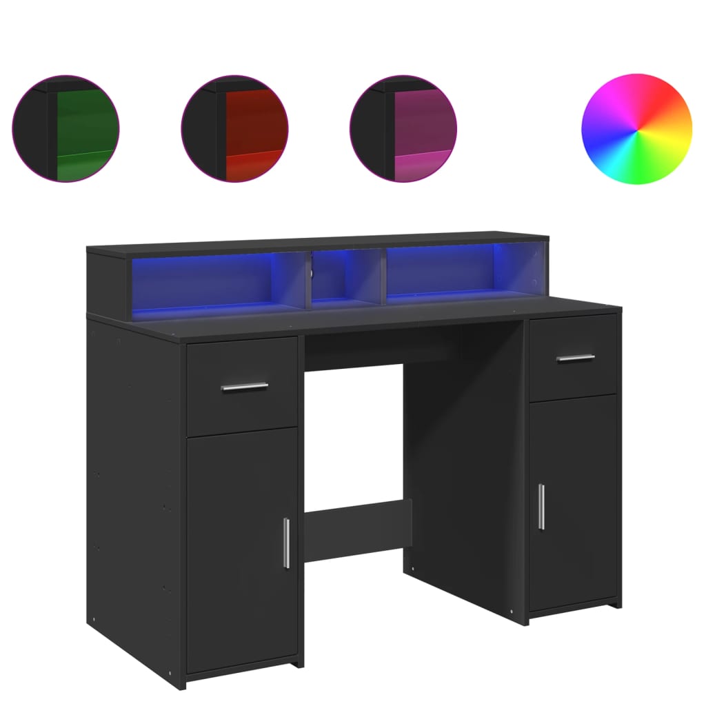 skrivebord med LED-lys 120x55x91 cm konstrueret træ sort