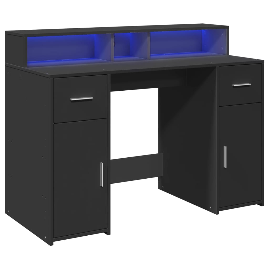 skrivebord med LED-lys 120x55x91 cm konstrueret træ sort