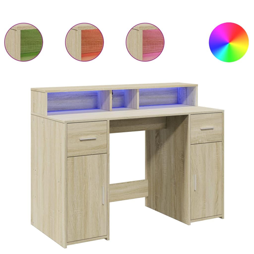 skrivebord med LED-lys 120x55x91 cm konstrueret træ sonoma-eg