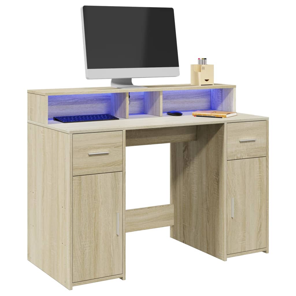 skrivebord med LED-lys 120x55x91 cm konstrueret træ sonoma-eg