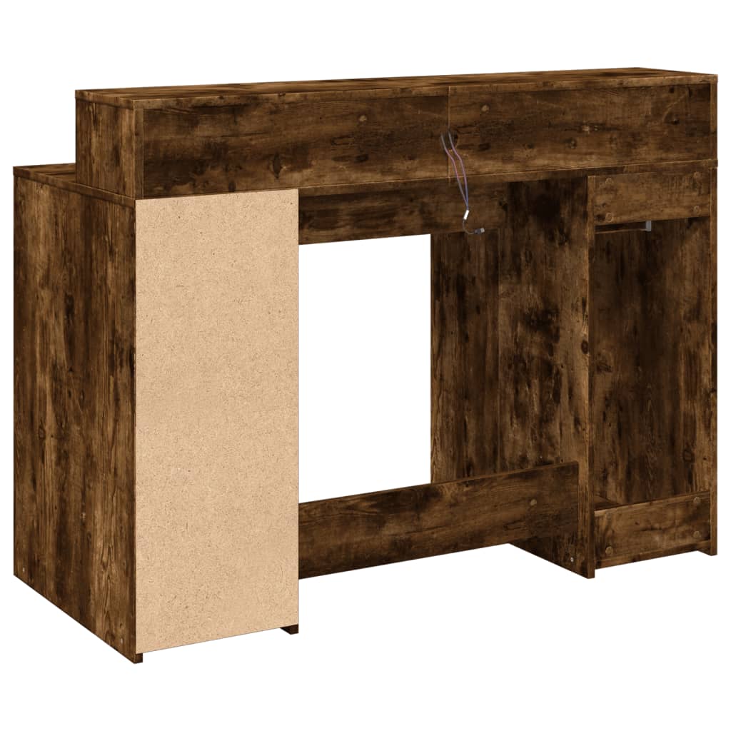 skrivebord med LED-lys 120x55x91 cm konstrueret træ røget eg