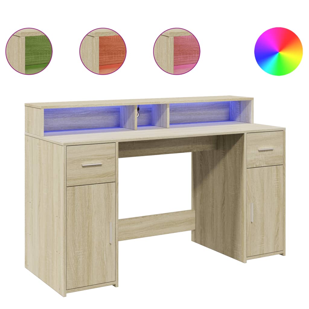 skrivebord med LED-lys 140x55x91 cm konstrueret træ sonoma-eg