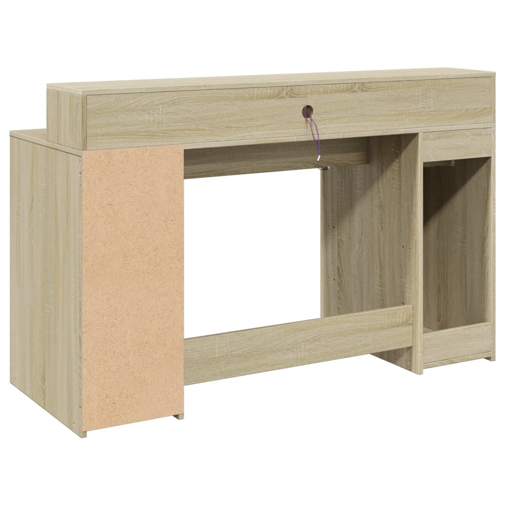 skrivebord med LED-lys 140x55x91 cm konstrueret træ sonoma-eg