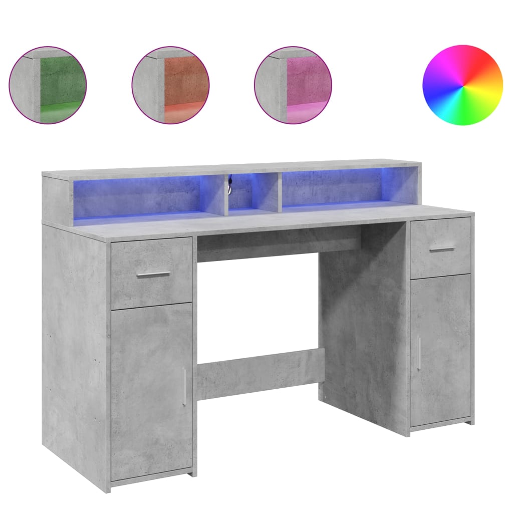 skrivebord med LED-lys 140x55x91 cm konstrueret træ betongrå