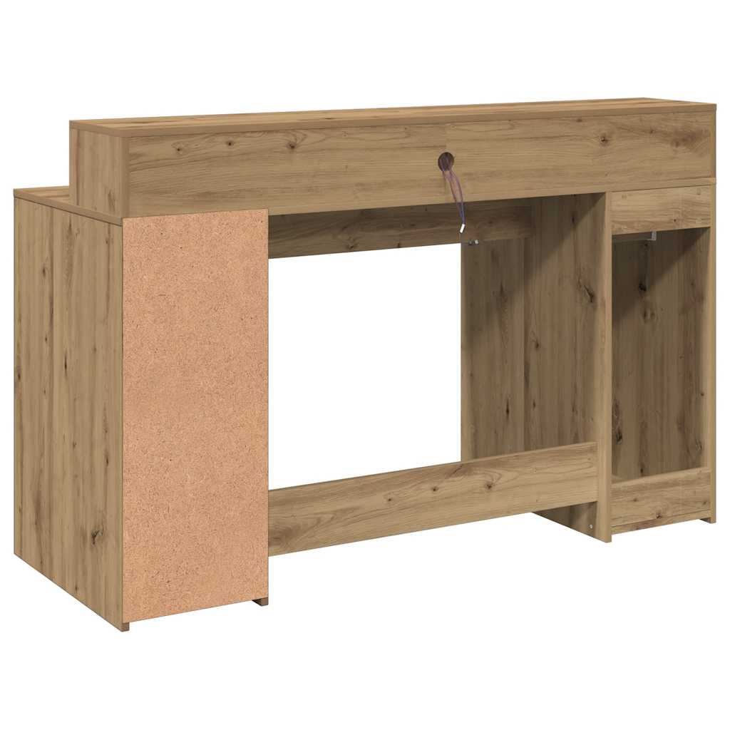 skrivebord med LED-lys 140x155x91 cm konstrueret træ gammelt eg