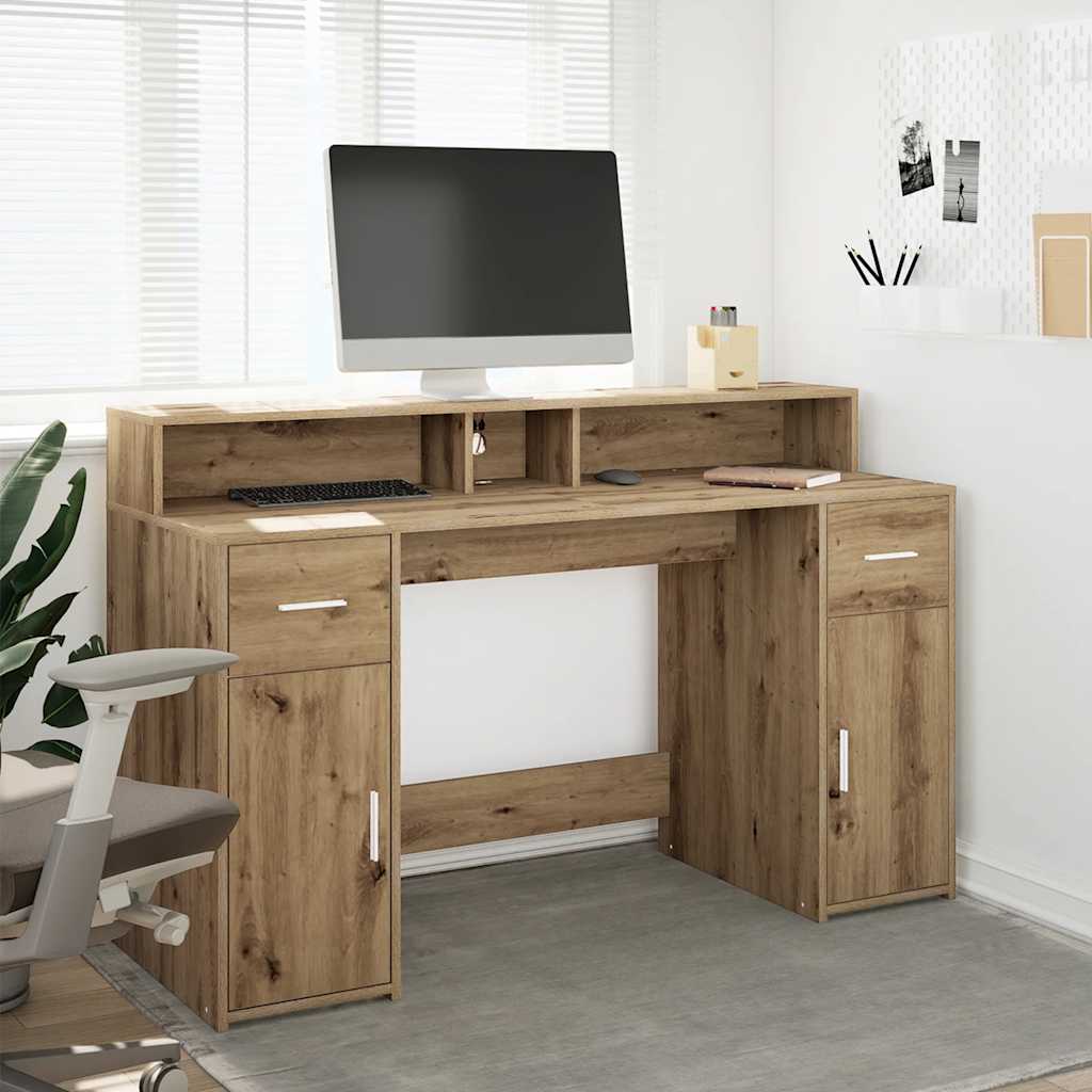 skrivebord med LED-lys 140x155x91 cm konstrueret træ gammelt eg