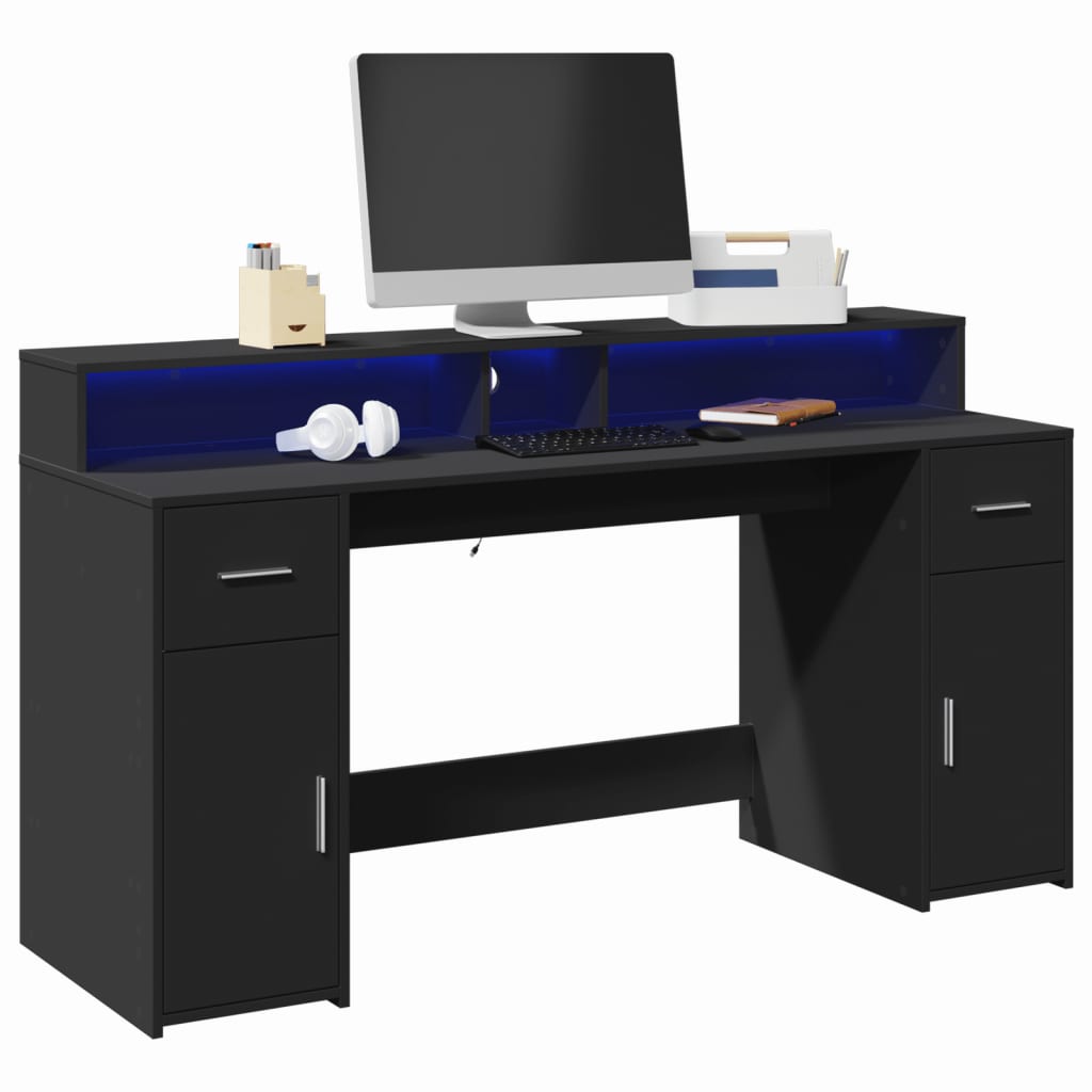 skrivebord med LED-lys 160x55x91 cm konstrueret træ sort
