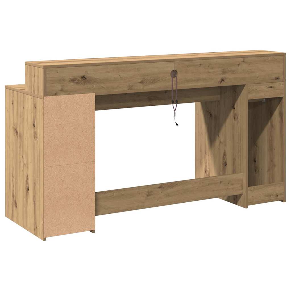 skrivebord med LED-lys 160x155x91 cm konstrueret træ gammelt eg