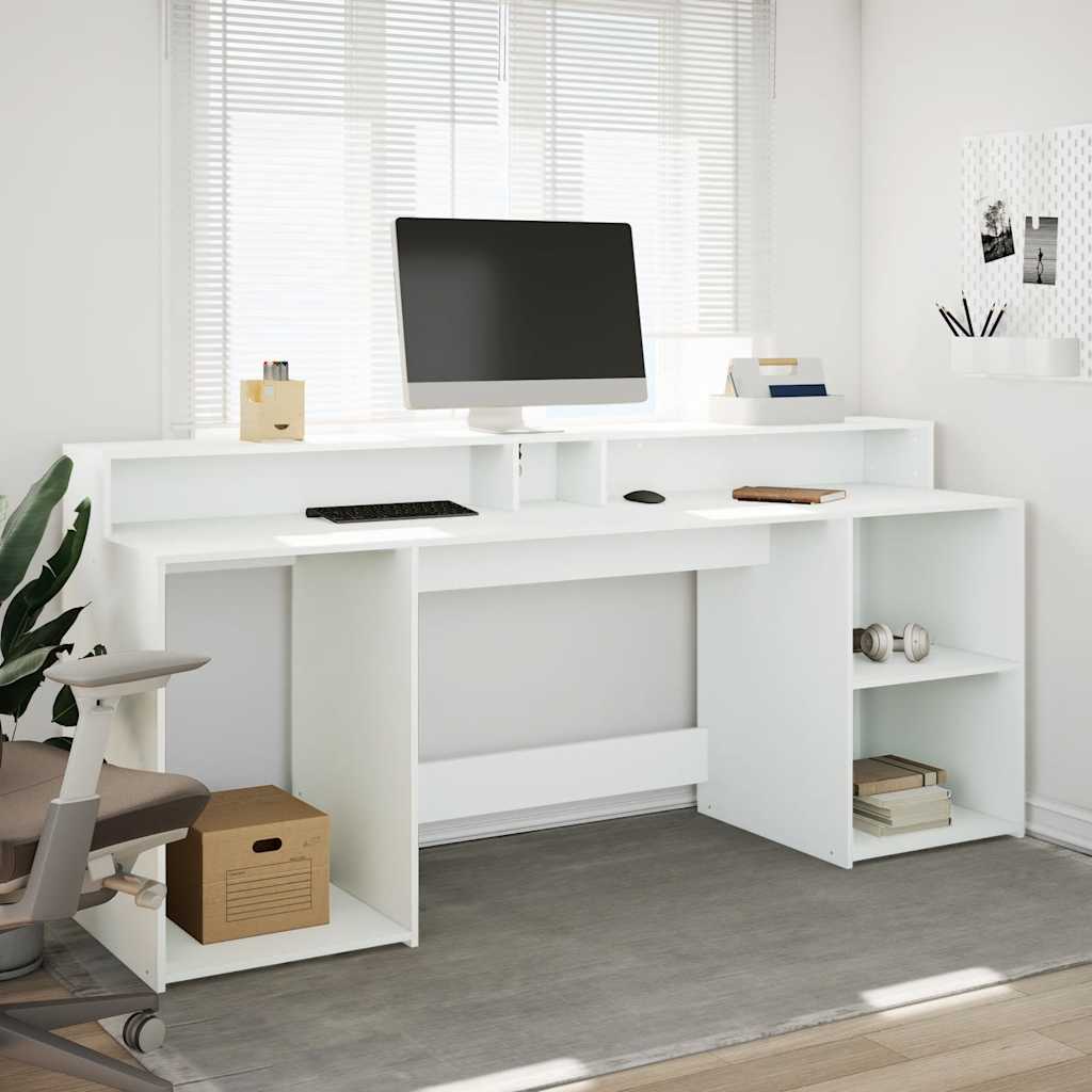 skrivebord med LED-lys 200x155x91 cm konstrueret træ hvid