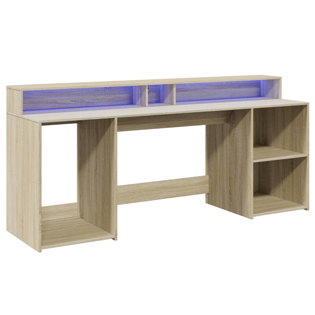 skrivebord med LED-lys 200x55x91 cm konstrueret træ sonoma-eg