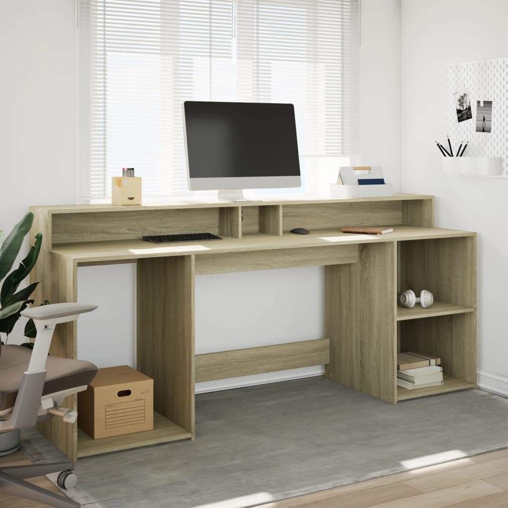 skrivebord med LED-lys 200x55x91 cm konstrueret træ sonoma-eg