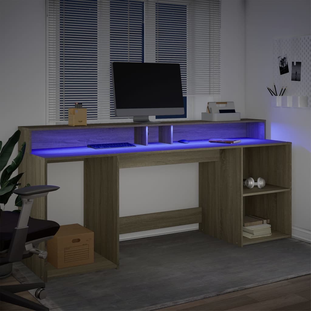 skrivebord med LED-lys 200x55x91 cm konstrueret træ sonoma-eg