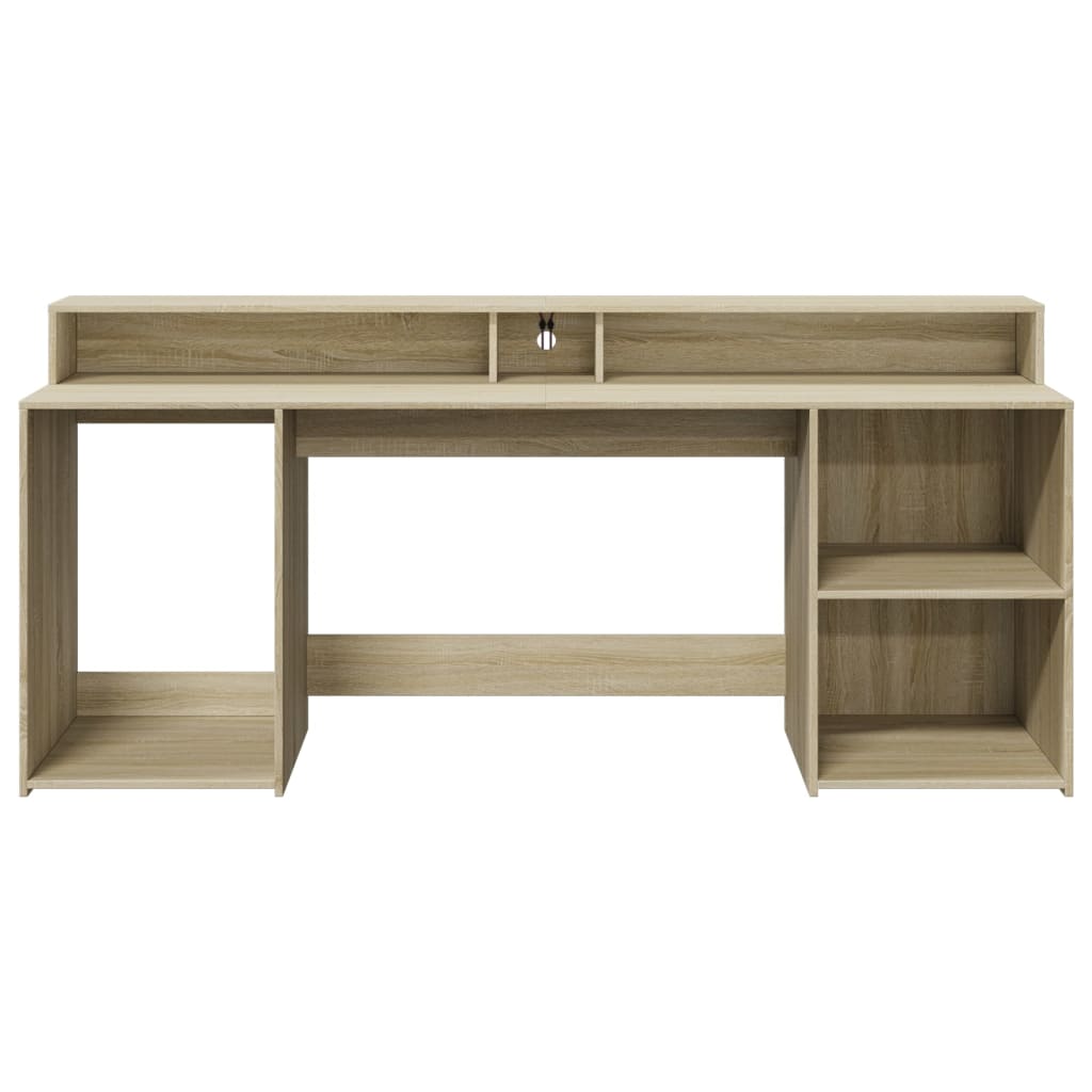 skrivebord med LED-lys 200x55x91 cm konstrueret træ sonoma-eg