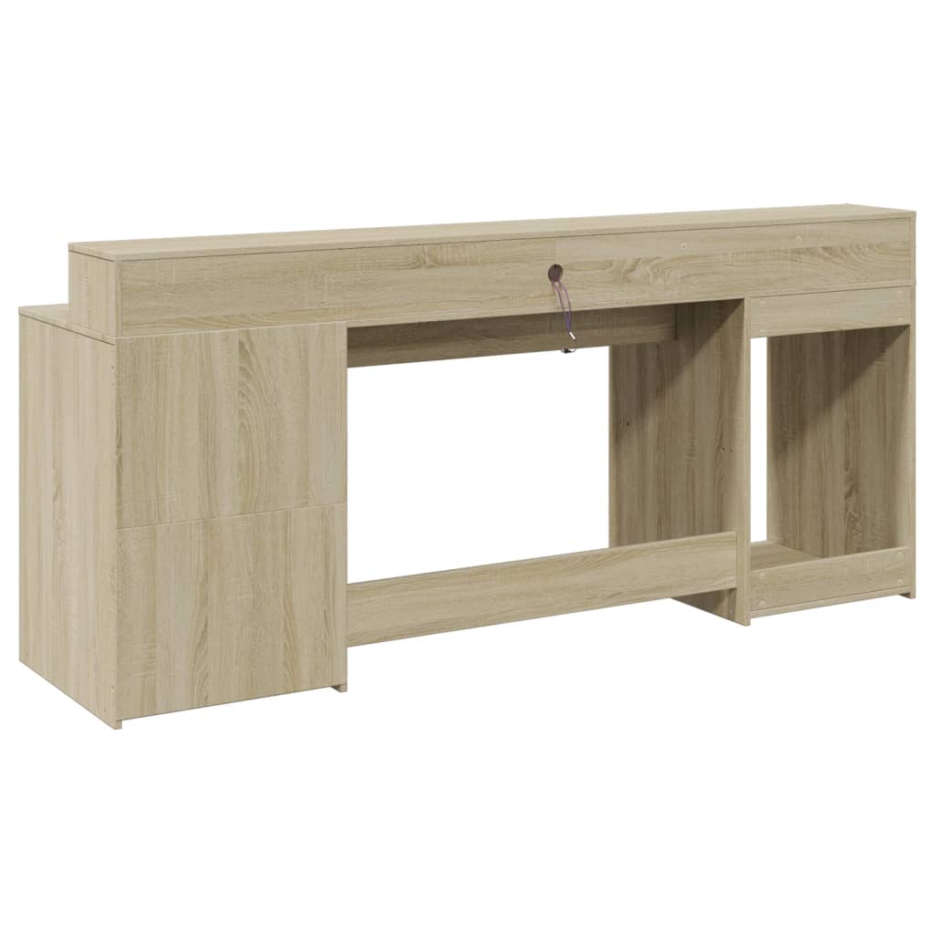 skrivebord med LED-lys 200x55x91 cm konstrueret træ sonoma-eg