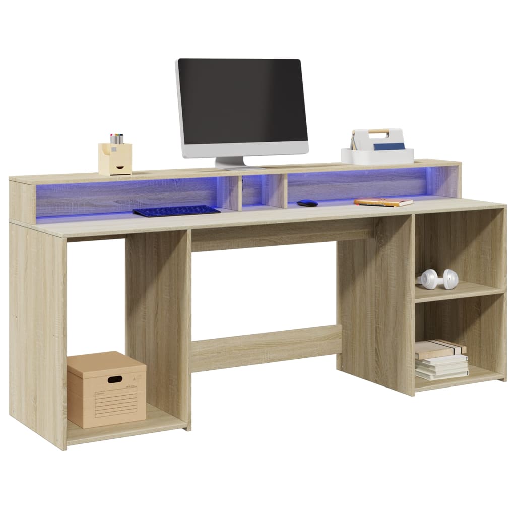 skrivebord med LED-lys 200x55x91 cm konstrueret træ sonoma-eg