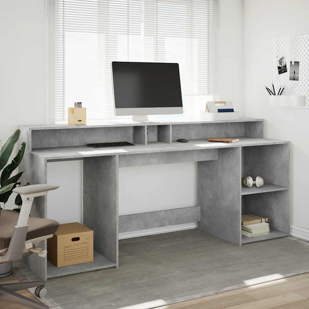 skrivebord med LED-lys 200x55x91 cm konstrueret træ betongrå