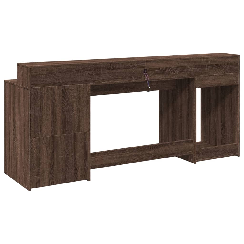 skrivebord med LED-lys 200x55x91 cm konstrueret træ brunt eg