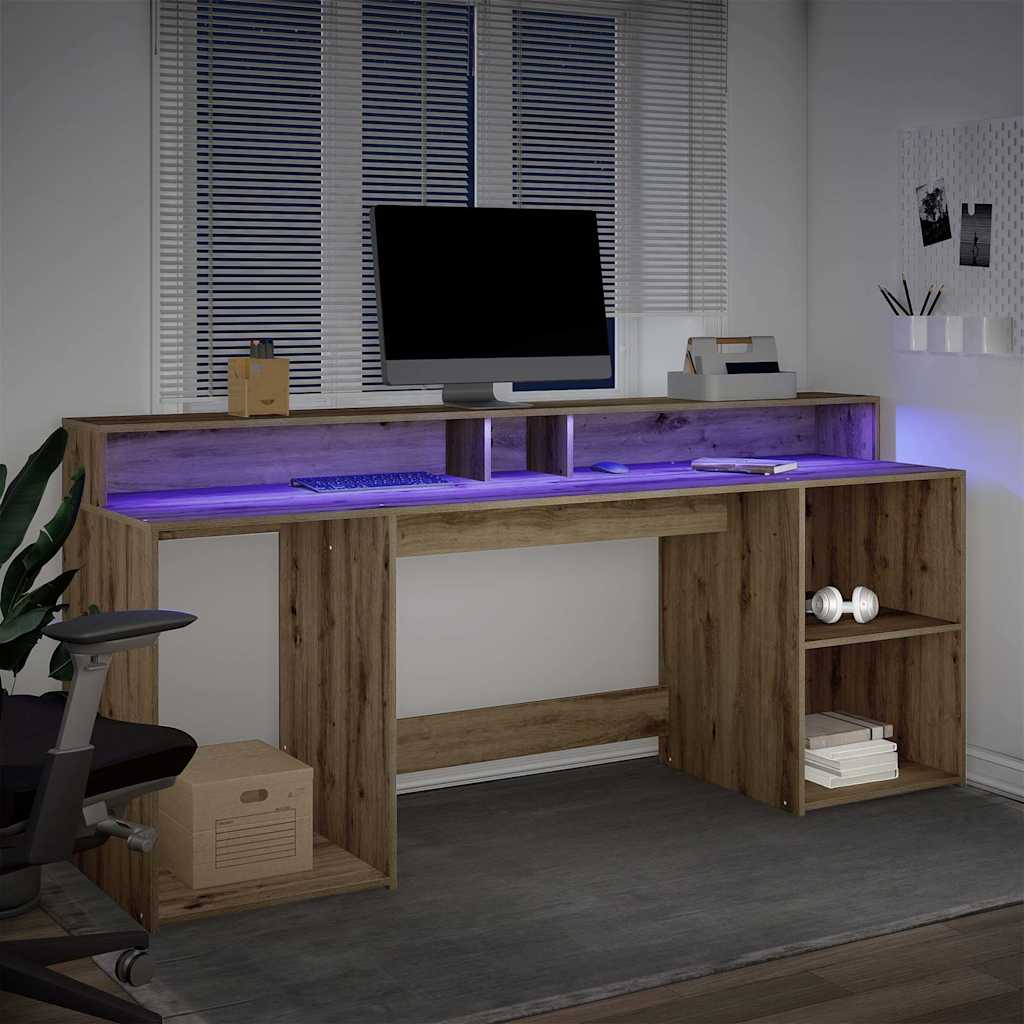 skrivebord med LED-lys 200x55x91 cm konstrueret træ gammelt eg