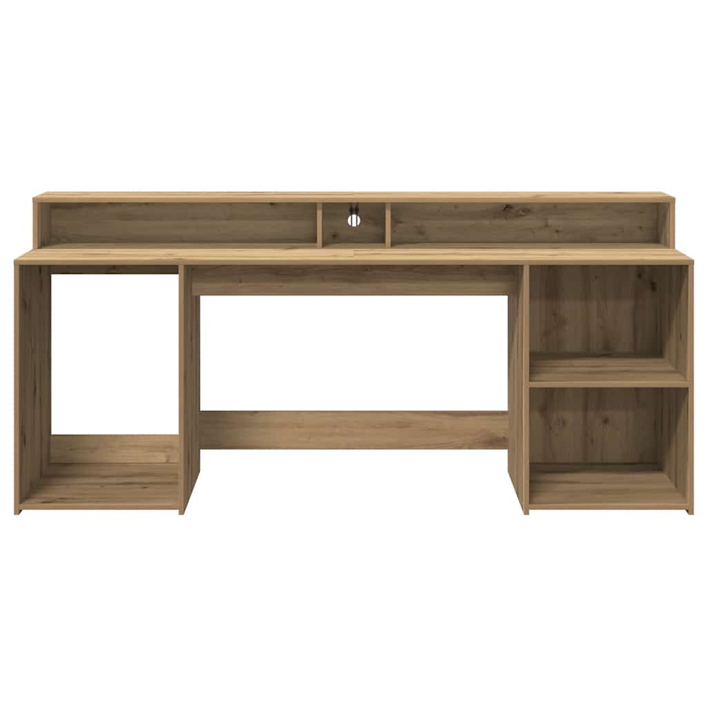 skrivebord med LED-lys 200x55x91 cm konstrueret træ gammelt eg
