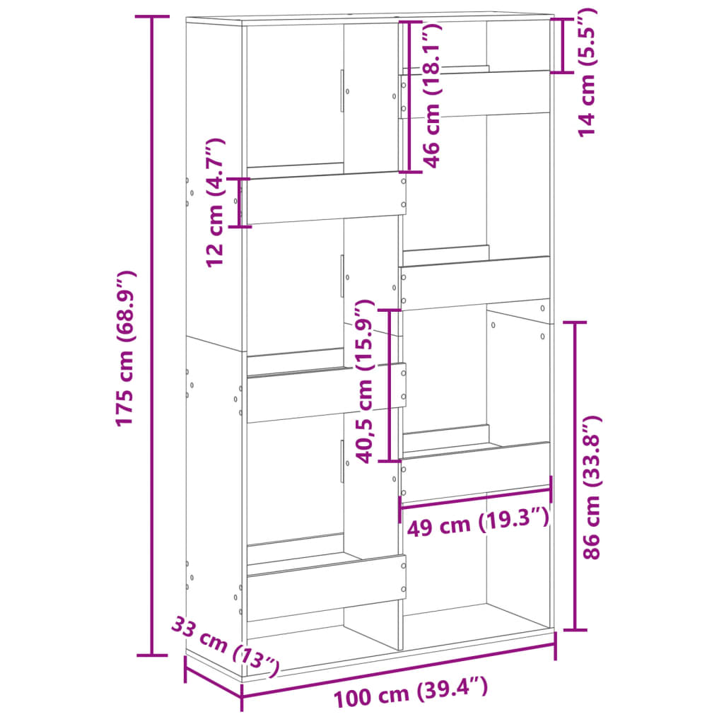 rumdeler 100x33x175 cm konstrueret træ grå sonoma-eg