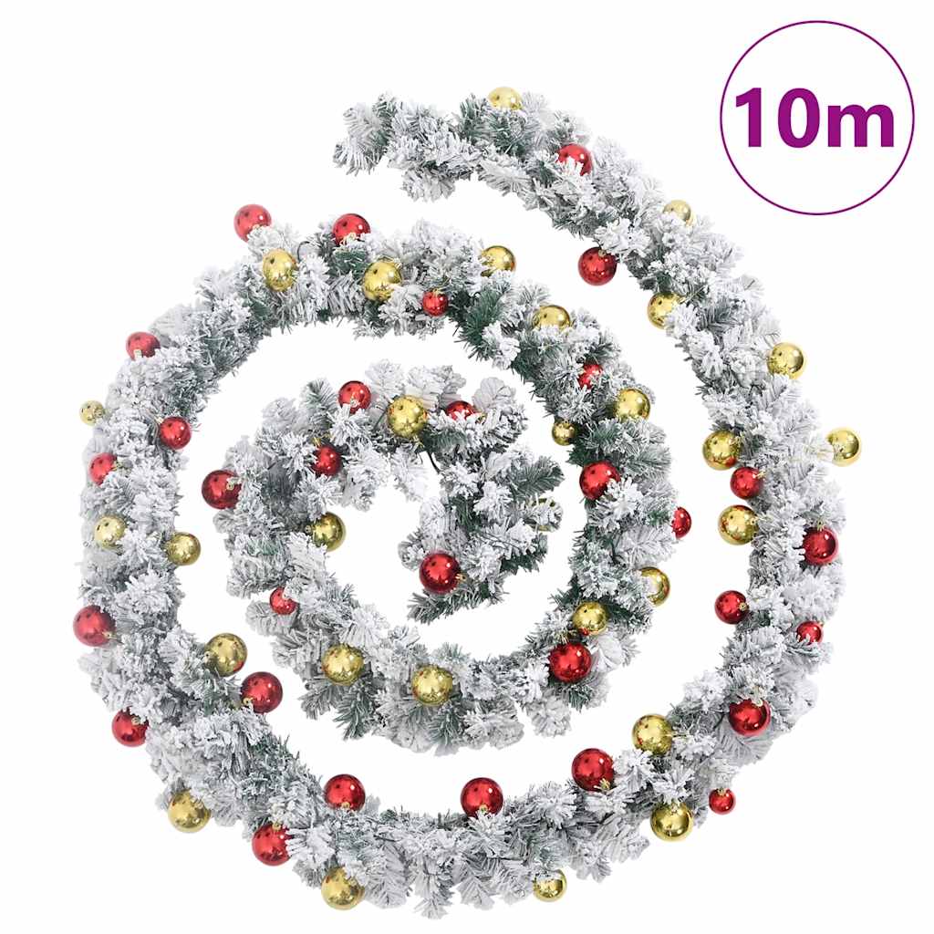 juleguirlande med kugler og LED-lys 10 m PVC grøn