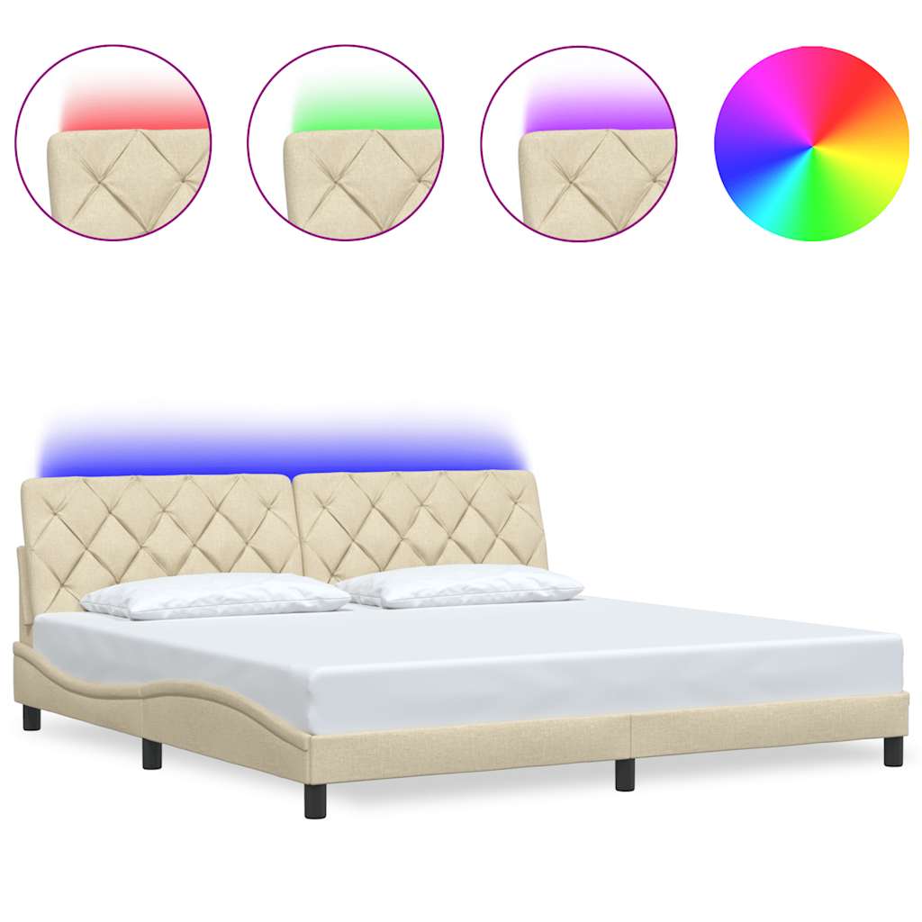 sengeramme med LED uden madras 200x200 cm stof cremefarvet