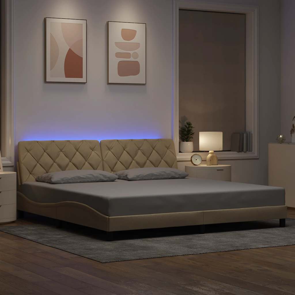 sengeramme med LED uden madras 200x200 cm stof cremefarvet
