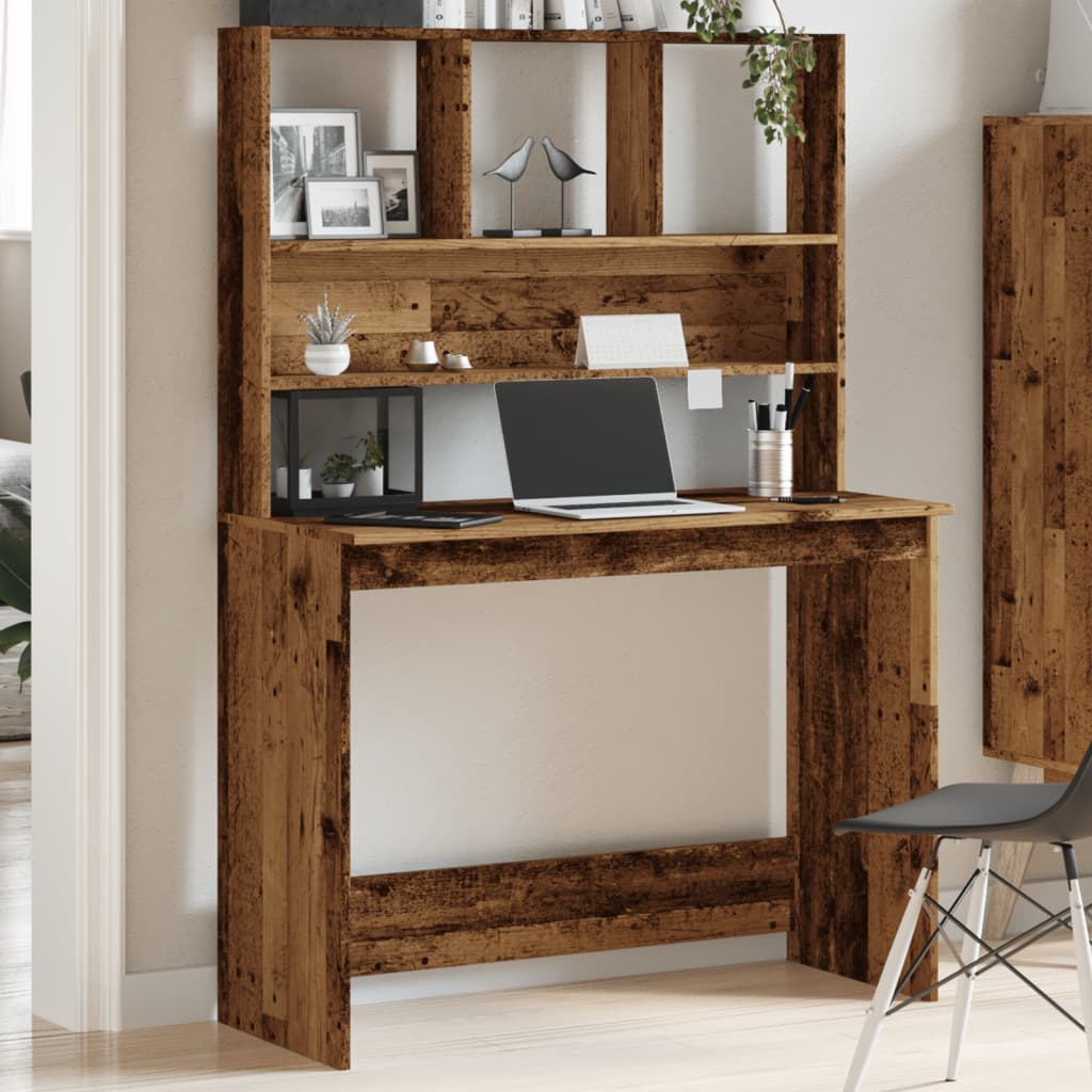 skrivebord m. hylder 102x45x148 cm konstrueret træ antikt træ