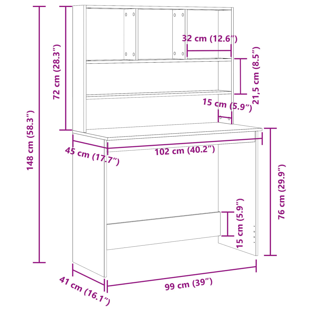 skrivebord m. hylder 102x45x148 cm konstrueret træ antikt træ