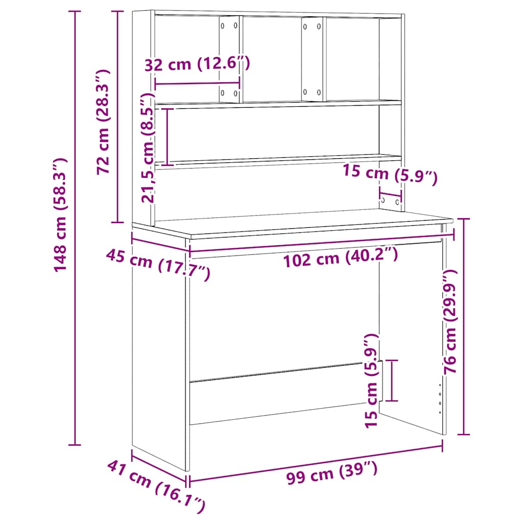 skrivebord m. hylder 102x45x148 cm konstrueret træ kunsteg