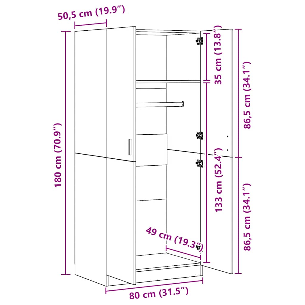 klædeskab 80x52x180 cm konstrueret træ antikt træ