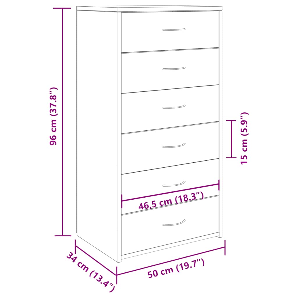 kommode med 6 skuffer 50x34x96 cm konstrueret træ gammelt træ