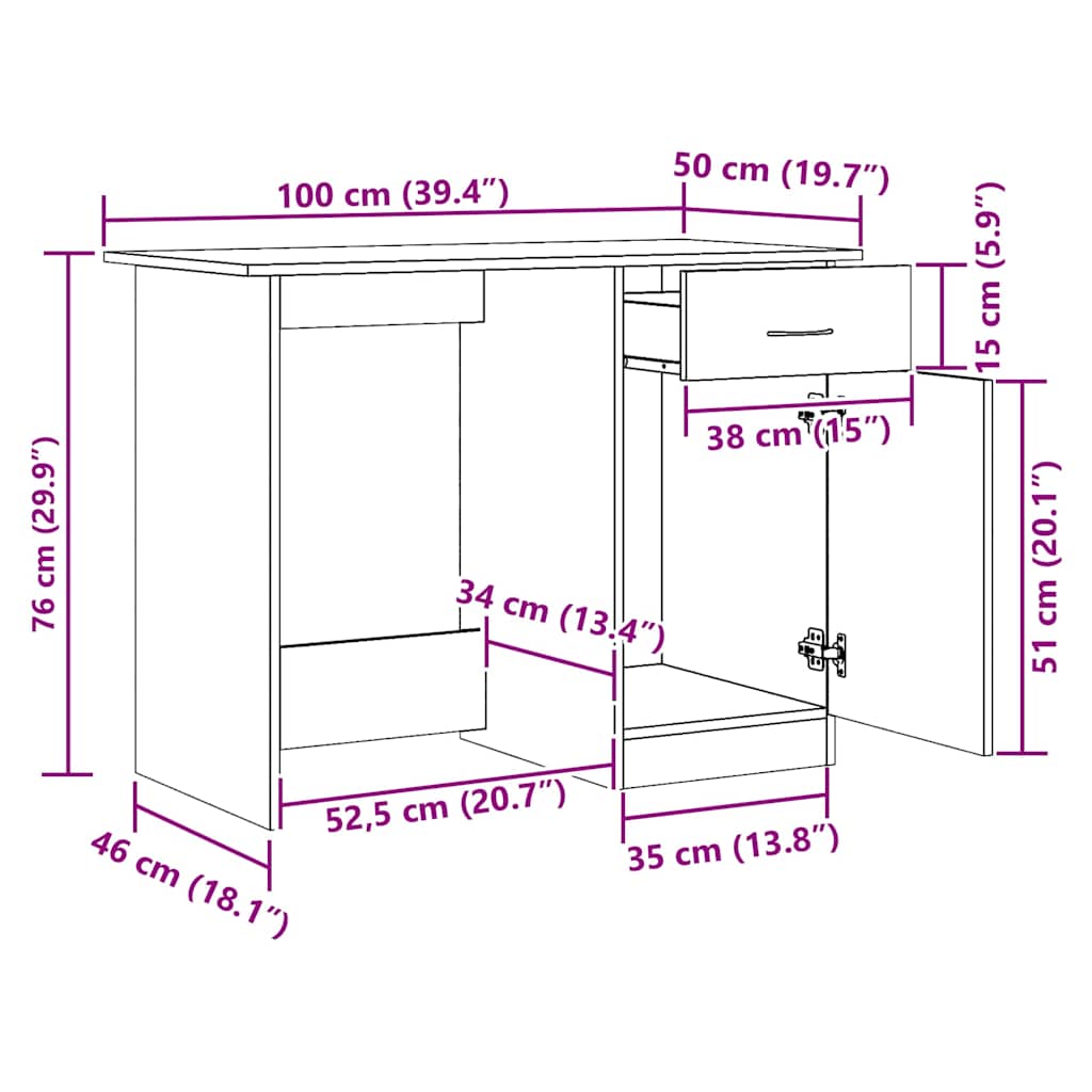 skrivebord 100x50x76 cm konstrueret træ kunsteg