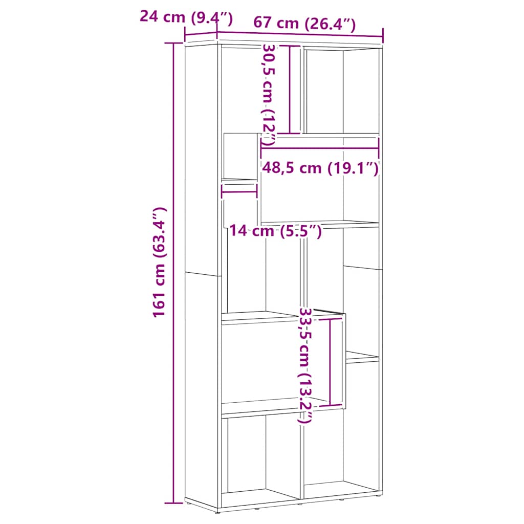 bogreol håndlavet eg 67x24x161 cm konstrueret træ