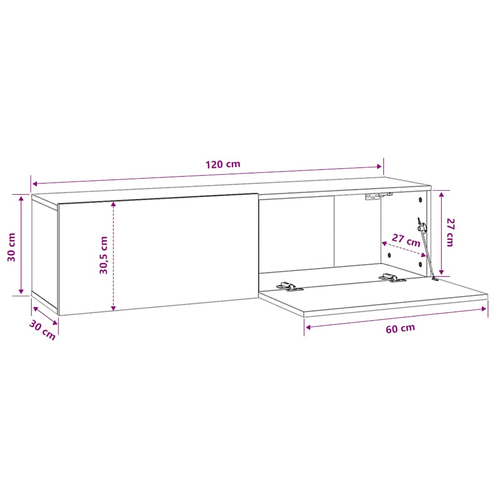 væghængt tv-bord 120x30x30 cm konstrueret træ gammelt træ-look