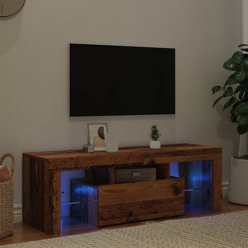 tv-bord m. LED-lys 120x36,5x40 cm konstrueret træ antikt træ