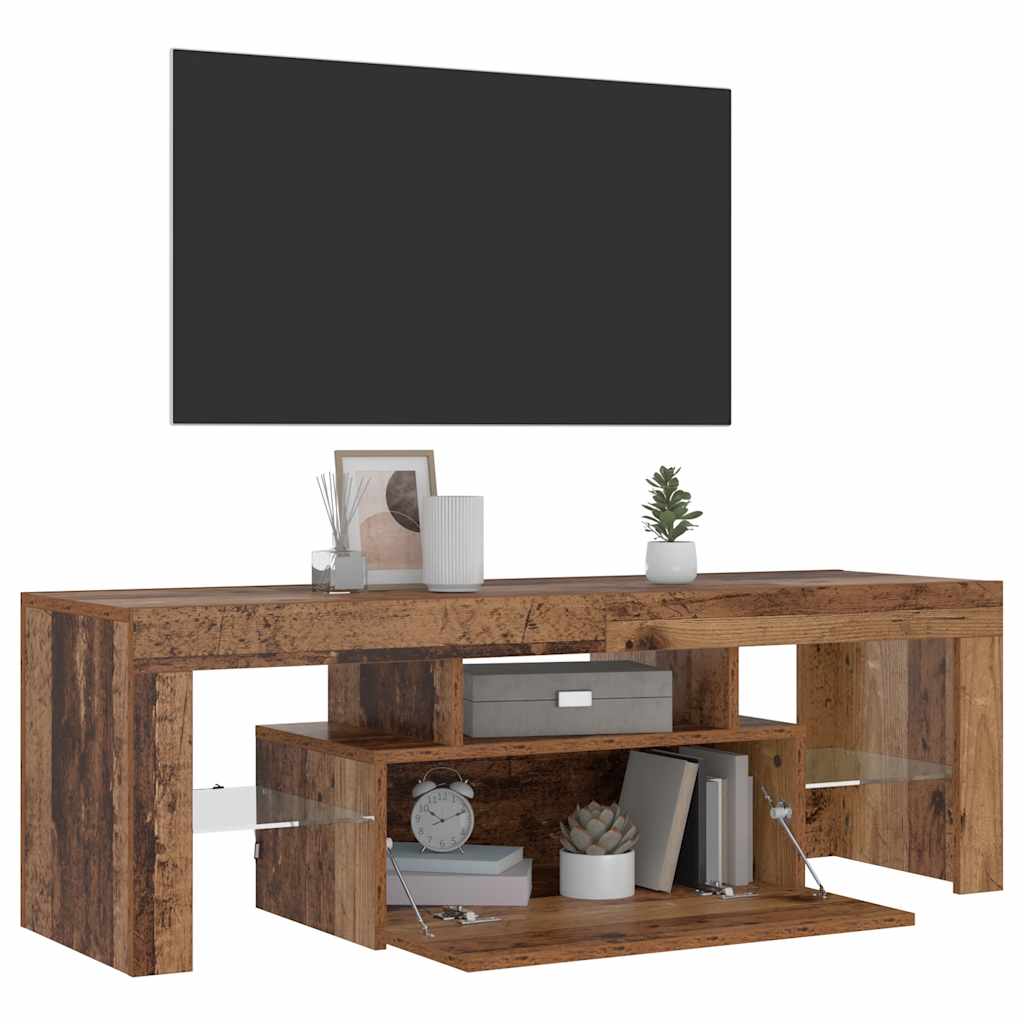 tv-bord m. LED-lys 120x36,5x40 cm konstrueret træ antikt træ