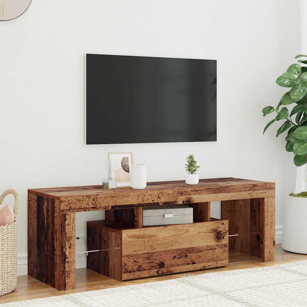 tv-bord m. LED-lys 120x36,5x40 cm konstrueret træ antikt træ