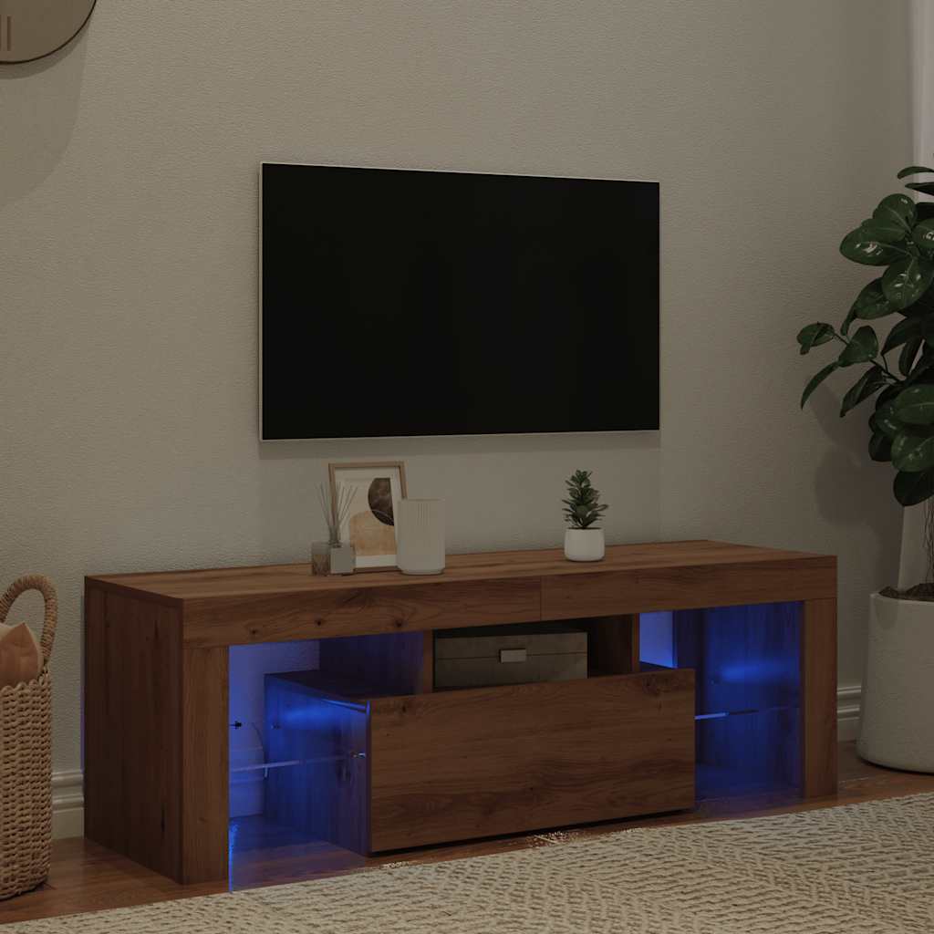 tv-bord m. LED-lys 120x36,5x40 cm konstrueret træ kunsteg