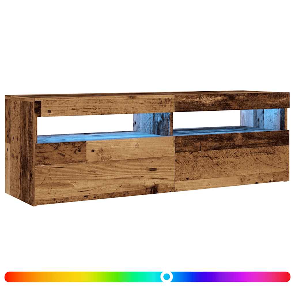 tv-bord m. LED-lys 120x35x40 cm konstrueret træ antikt træ
