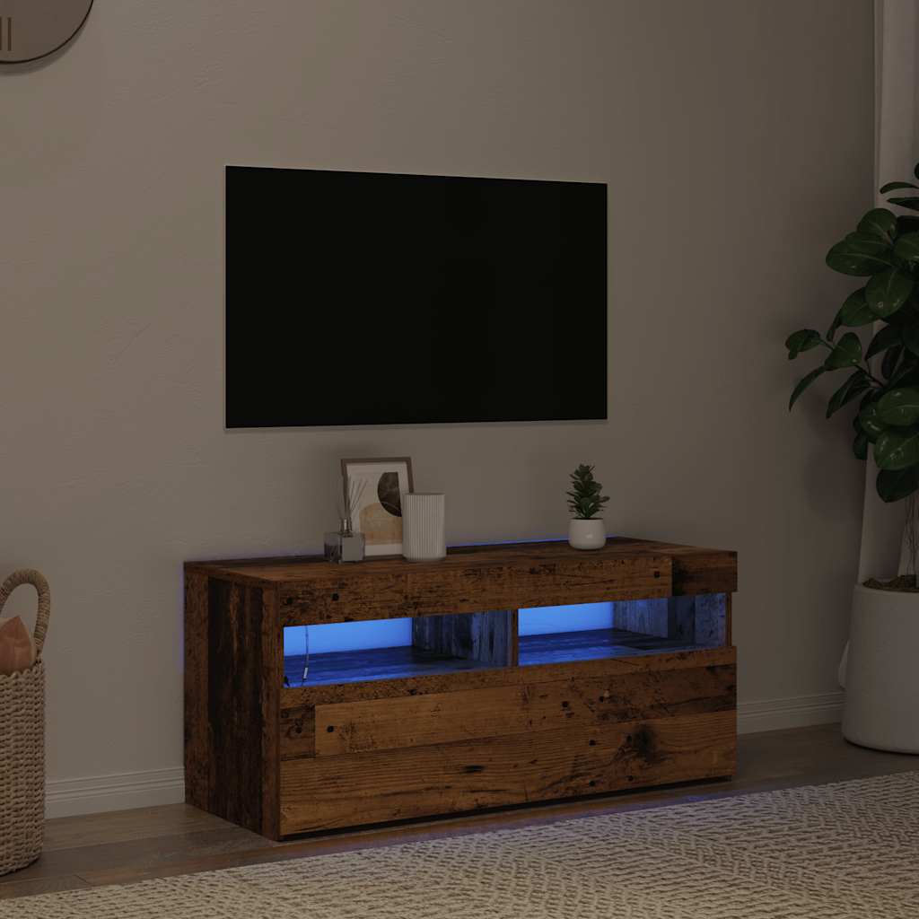 tv-bord m. LED-lys 90x35x40 cm konstrueret træ antikt træ