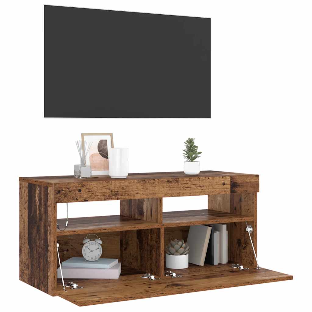 tv-bord m. LED-lys 90x35x40 cm konstrueret træ antikt træ